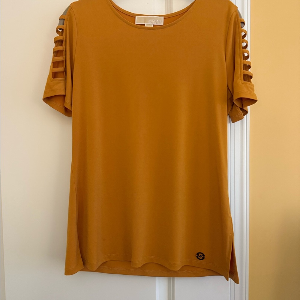 Michael Kors Mustard Short Sleeve Top with Cut-Out Details